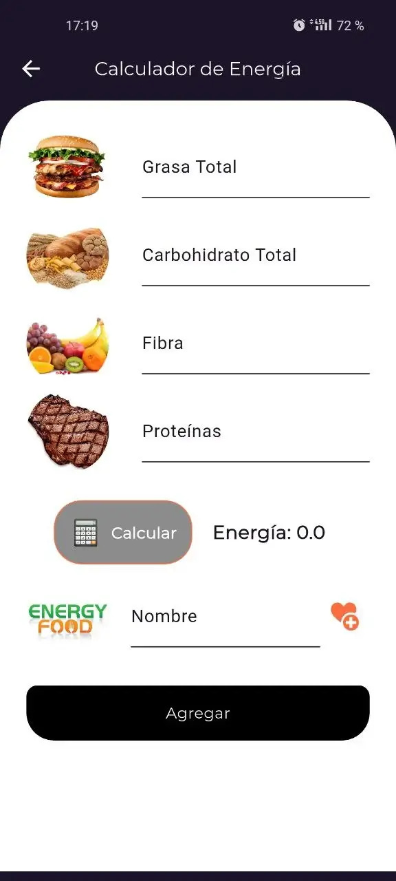 Energy Food app interface showing AI food scanner with energy calculation in kcal and kJ on iPhone screen